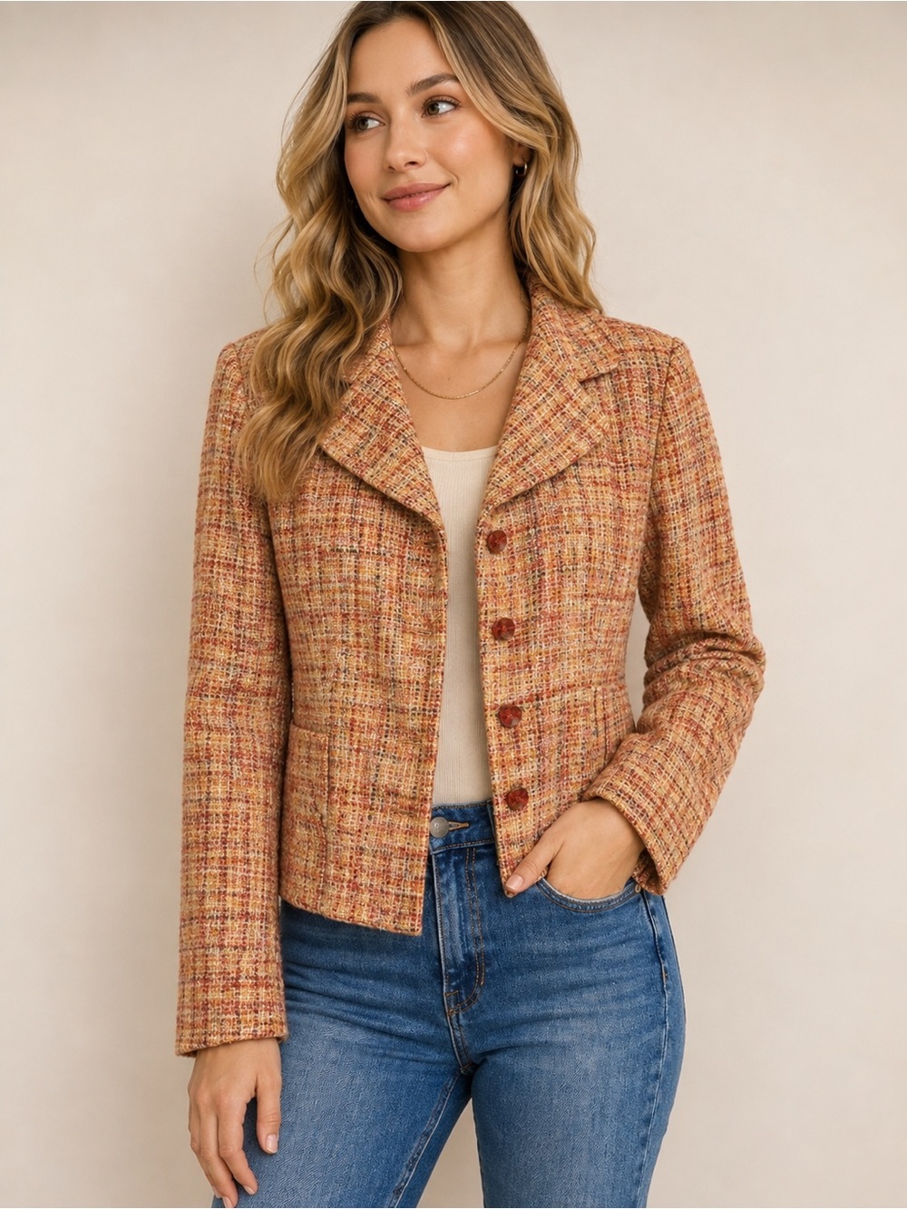 Teri Jon Rickie Freeman Tweed Blazer Jacket Red Orange Size 2